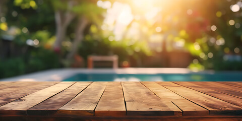 Empty wooden table in front of the pool, space for product. summer, vacation