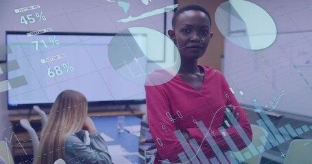 Poster - Animation of financial data processing over african american businesswoman in office