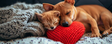 A Kitten And A Puppy Sleep Together Under A Knitted Blanket, With A Red Woolen Heart. Valentine's Day