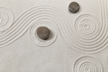 Poster - Zen garden with the stones and white sand pattern