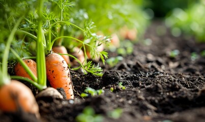 Poster - Fresh carrots with green leaves sprouting from the soil in a farm field.