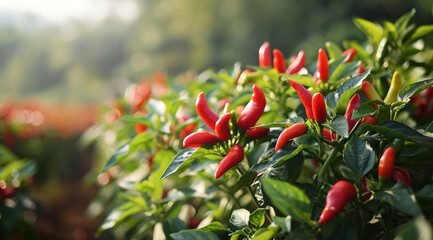 Wall Mural - Red chilli peppers growing in abundance on lush green plants in a farm field.