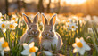 Two cute little easter rabbits looking at camera sitting in a narcissus flower field at golden hout