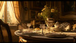 Um elegante salão de jantar com um estilo clássico de país francês, mostrando móveis ornamentados, paletas de cores suaves e padrões florais sutis para uma atmosfera atemporal e acolhedora.