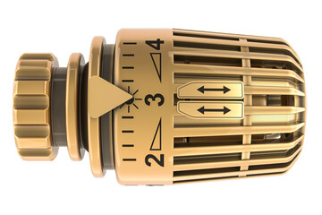 Poster - golden temperature control valve, thermostatic valve head, 3d rendering isolated on transparent back