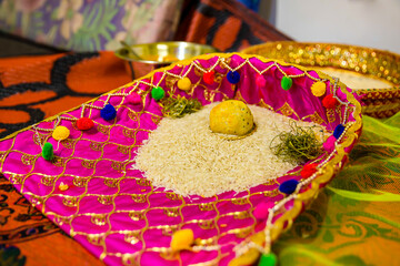 Indian Hindu wedding ceremony ritual items close up