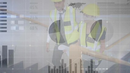 Wall Mural - Animation of financial data processing over diverse architects and construction site