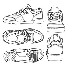Vector Illustration Men's Workout Sneaker hand drawn line art sketch, doodle vector sketch illustration various view, suitable for your gym shoes, isolated on white background