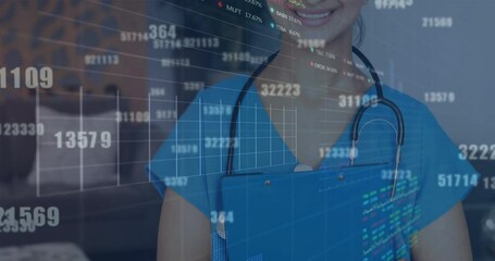 Wall Mural - Animation of financial data processing over caucasian female doctor in hospital