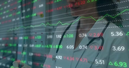 Poster - Animation of financial data processing over caucasian female doctor in hospital
