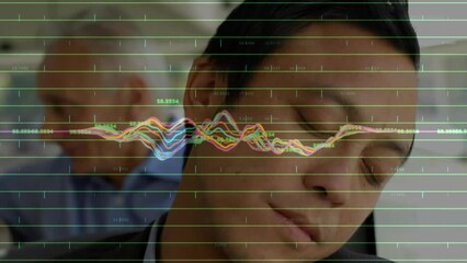Poster - Animation of financial data processing over asian businessman sleeping on bus