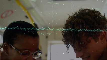 Poster - Animation of financial data processing over diverse people on bus