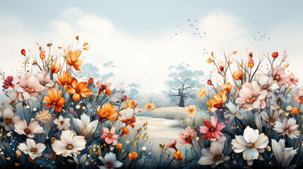 Wall Mural - Floral background. Spring flowers in the field. 