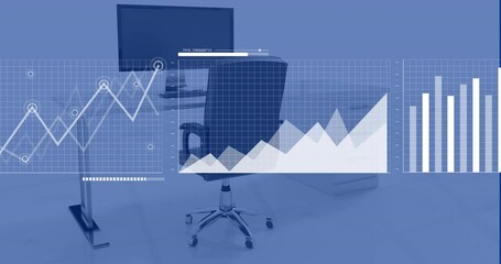 Poster - Animation of financial data processing over office with computers on desks and chairs