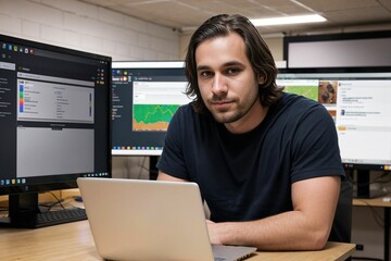 a software engineer professional developing website or developer for web sitting behind a laptop working at an office