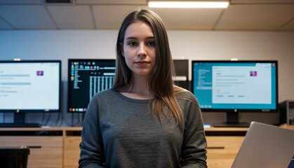 a software engineer professional developing website or developer for web sitting behind a laptop working at an office