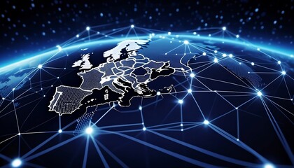 Communication technology with global internet network connected in Europe. Telecommunication and data transfer european connection links. IoT, finance, business, blockchain, security. Generative AI