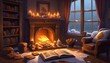 A  hearthstone cozy room with candles bookshelves rainstorm outside the window fireplace cookies. Generative AI