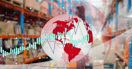 Poster - Animation of financial data processing over globe and warehouse