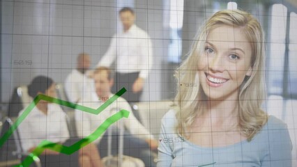 Poster - Animation of financial data processing over smiling caucasian businesswoman in office