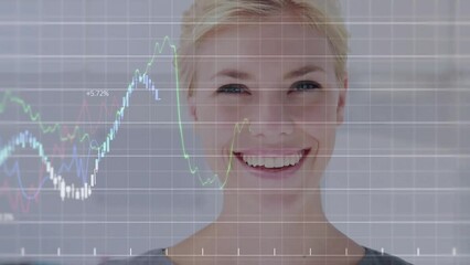 Poster - Animation of financial data processing over smiling caucasian businesswoman in office