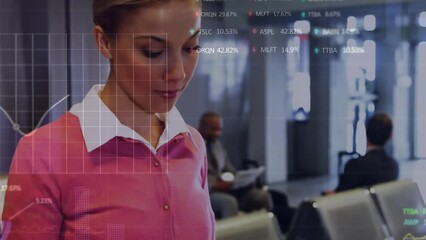 Poster - Animation of financial data processing over biracial businesswoman in office