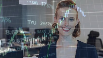 Poster - Animation of financial data processing over smiling caucasian businesswoman in office