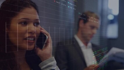 Poster - Animation of financial data processing over diverse business people in office