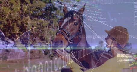 Poster - Animation of financial data processing over caucasian woman with horse