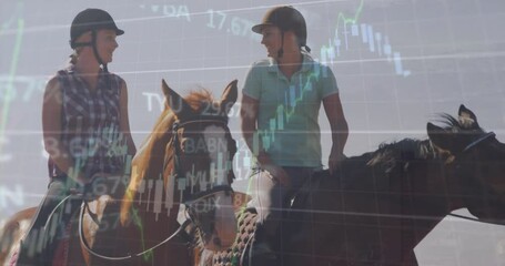 Poster - Animation of financial data processing over caucasian man and woman horse riding