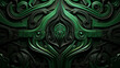 An abstract design made of green and black elements, woven color planes, symmetric compositions, colorful woodcarvings