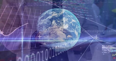 Poster - Animation of financial data processing and globe over caucasian male doctor