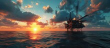 Offshore Jack Up Rig In The Middle Of The Sea At Sunset Time. With Copy Space Image. Place For Adding Text Or Design