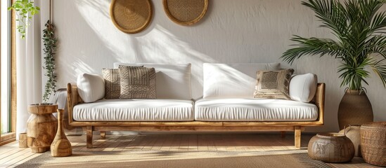Poster - Stylish sofa details of couch fabric and pillows Boho design comfortable sofa with textures and modern furniture. with copy space image. Place for adding text or design