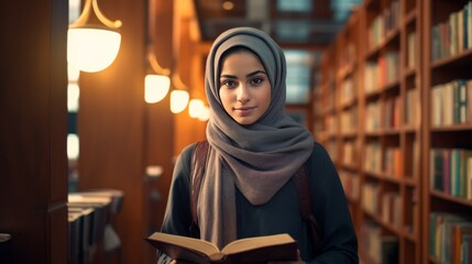 Wall Mural - Beautiful Muslim girl reading book with hijab and smiling.