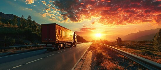 Poster - Truck transport on the road at sunset and cargo. with copy space image. Place for adding text or design