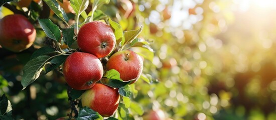 Poster - Shiny delicious apples hanging from a tree branch in an apple orchard. with copy space image. Place for adding text or design