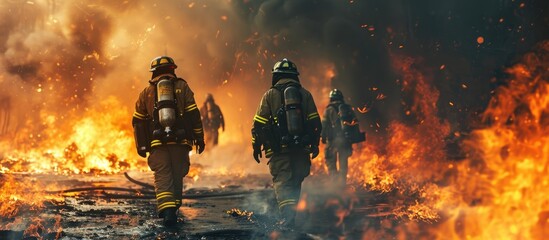 Poster - The firefighters are moving quickly to evacuate the area and prevent the fire from spreading further. with copy space image. Place for adding text or design