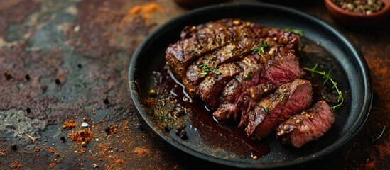 Fototapete - Pieces of cooked rump steak with spices served on grill pan Steak of marbled beef black Angus Raw beef ramp steak top view. with copy space image. Place for adding text or design
