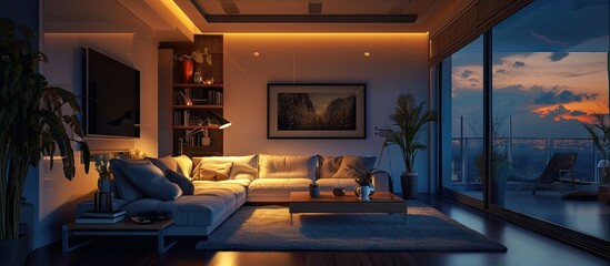 Poster - Night scene of a stylish and modern living room. with copy space image. Place for adding text or design