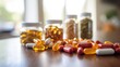 Closeup of a table with various health supplements and vitamins discussed during a virtual counseling session.