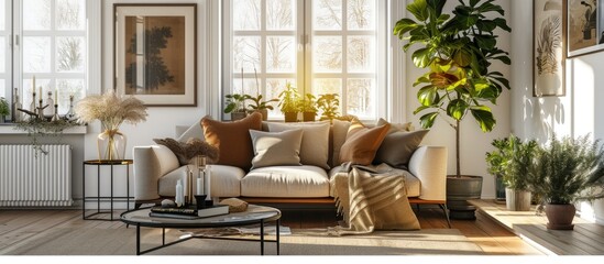 Poster - Pillows frames candles and plants decorating modern scandinavian living room. with copy space image. Place for adding text or design