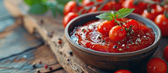 Aufkleber - Tomato ketchup sauce in a bowl with spices herbs and cherry tomatoes Selective focus. with copy space image. Place for adding text or design