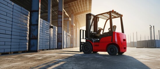 Poster - red empty forklift parked outdoors cargo delivery and distribution production warehouse. with copy space image. Place for adding text or design