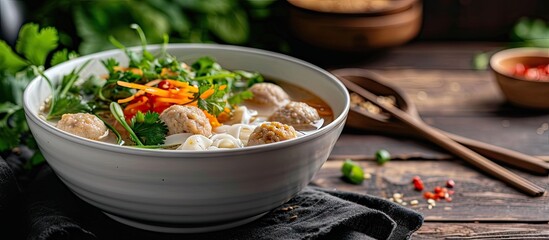 Poster - Rice vermicelli Noodle soup with pork balls in white bowl. with copy space image. Place for adding text or design