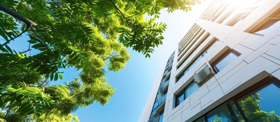 Poster - Tall white building with blue sky and green tree leaves during the day. with copy space image. Place for adding text or design