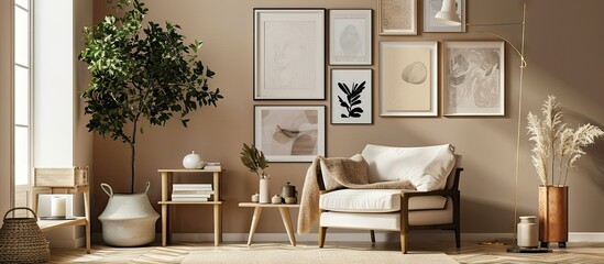 Poster - Trendy creme colored armchair in Scandinavian living room interior with gallery of posters on beige wall. with copy space image. Place for adding text or design