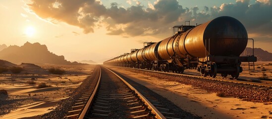 Poster - Railway freight train with tank cars moving through the semi desert. with copy space image. Place for adding text or design