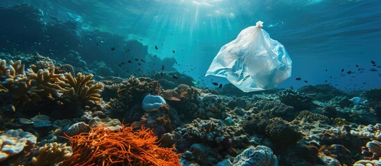 Aufkleber - Plastic pollution a discarded plastic rubbish bags floats on a tropical coral reef presenting a hazard to marine life. with copy space image. Place for adding text or design