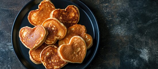 Aufkleber - Pancakes in the shape of a heart In a black plate The view from the top. with copy space image. Place for adding text or design